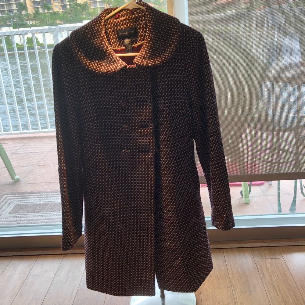Purple dotted overcoat from Banana Republic.